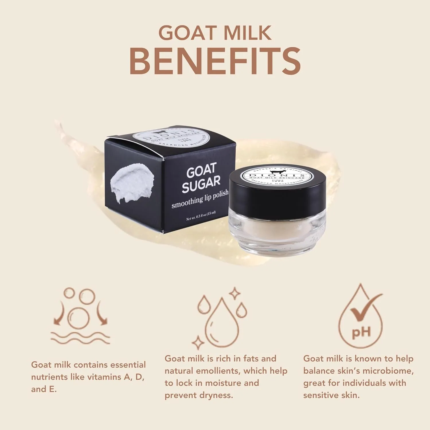 Dionis Goat Sugar Polishing Lip Scrub - Goat Milk, Jojoba & Moringa Oils Moisturize & Repair Chapped Lips, Gentle Exfoliation, Nourish, Soothe, Hydrate and Keep Moisture Locked In All Day