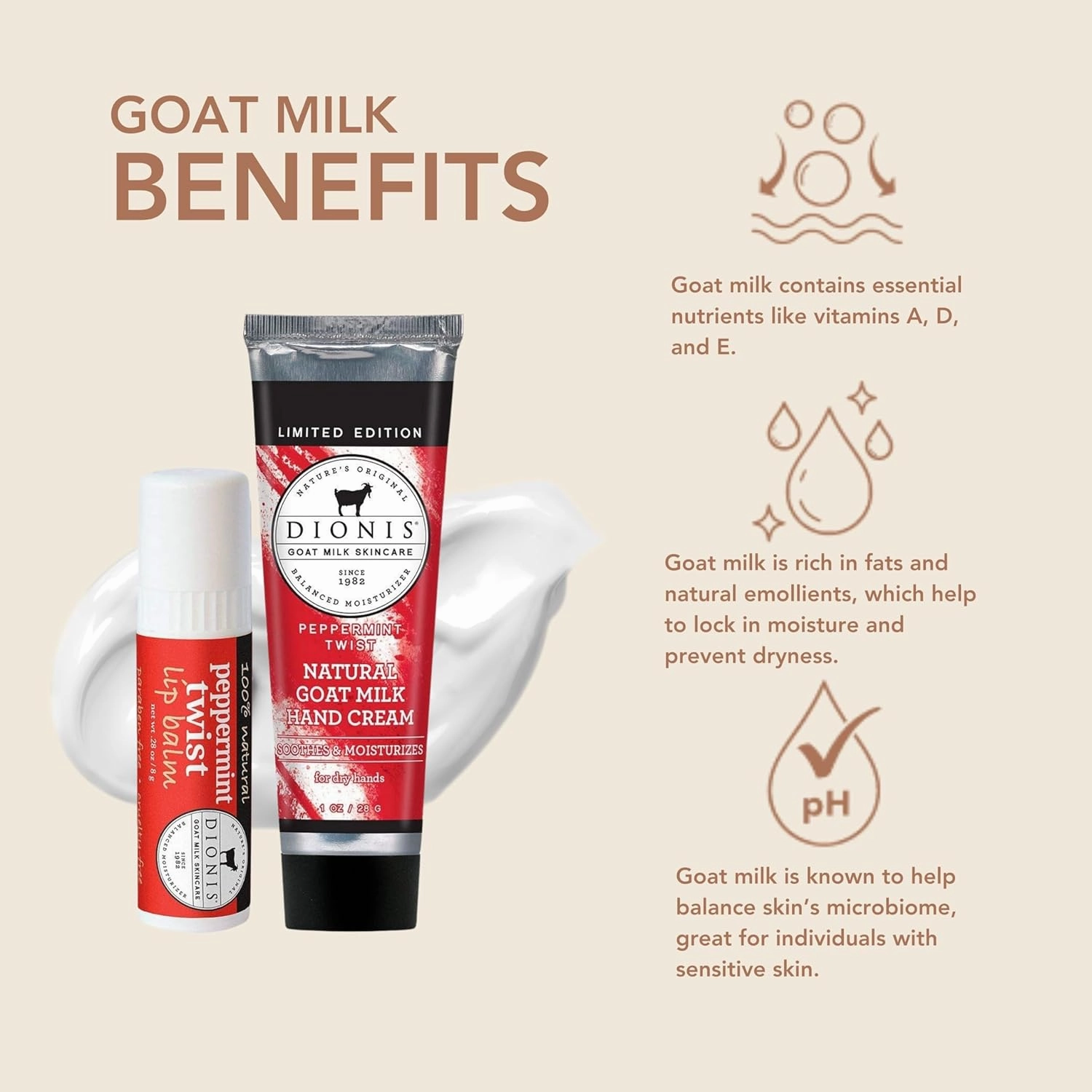 Dionis Goat Milk Skincare Peppermint Twist Scented Hand Cream & Lip Balm Set (1 oz and .28 oz) - Safe For Sensitive Skin, Soothes Chapped Lips and Dry Skin, Cruelty-free and Paraben-free