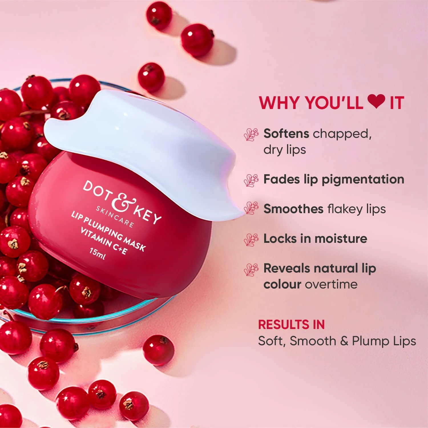 Dot'& Key' Dot&Key Lip Plumping Mask With Shea Butter & Vitamin C   E For Naturally Glowing Lips, Lip Mask For Soft,Smooth&Plump Lips| (Lingonberry) | 15Ml, Fl Oz 0.5