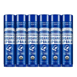 Dr. Bronner's - Organic Lip Balm (Peppermint, 0.15 ounce, 6-Pack) - Made with Organic Beeswax and Avocado Oil, For Dry Lips, Hands, Chin or Cheeks, Jojoba Oil for Added Moisture, Cooling and Hydrating