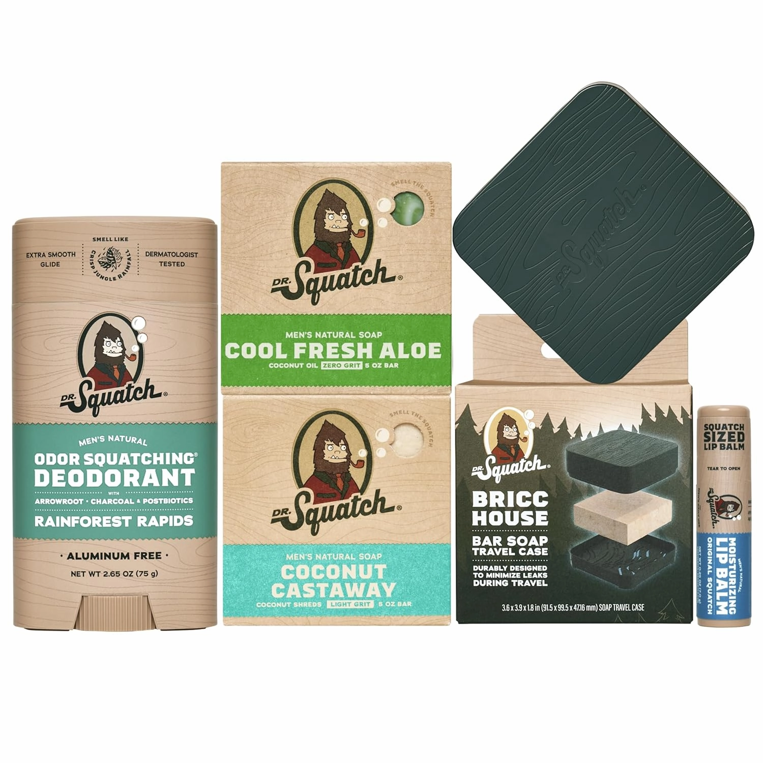 Dr. Squatch NEW Bricc House Travel Pack - Soap Travel Case   Cool Fresh Aloe, Coconut Castaway Soap   Rainforest Rapids Deodorant   Original Squatch Lip Balm - Full Routine Natural Men's Care Kit