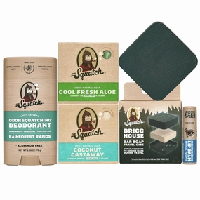 Dr. Squatch NEW Bricc House Travel Pack - Soap Travel Case   Cool Fresh Aloe, Coconut Castaway Soap   Rainforest Rapids Deodorant   Original Squatch Lip Balm - Full Routine Natural Men's Care Kit