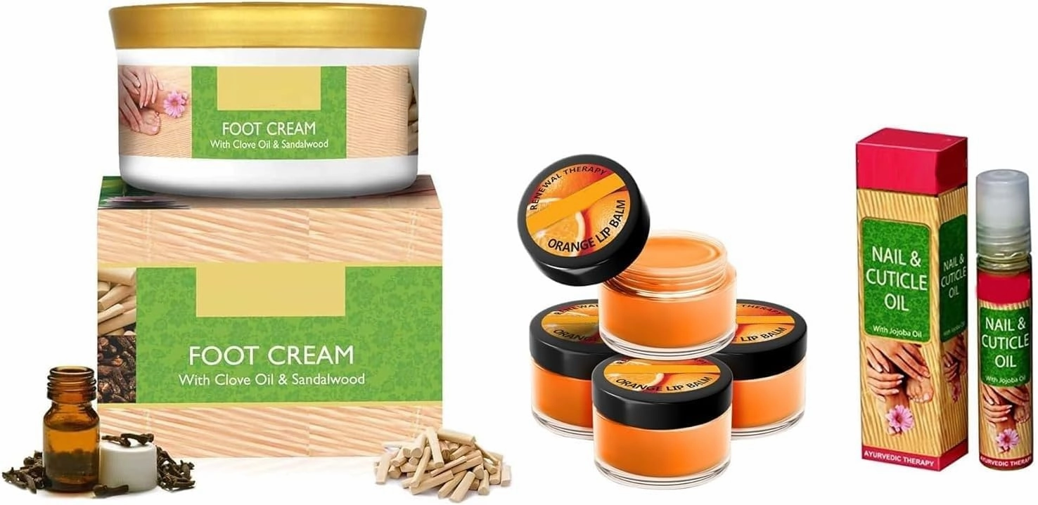DURJA Foot Cream, Clove & Sandal Oil, 150g & Lip Balm, Orange & Shea Butter, 10g x 4 & Under Eye Cream, Almond Oil & Cucumber Extract, 30g...'