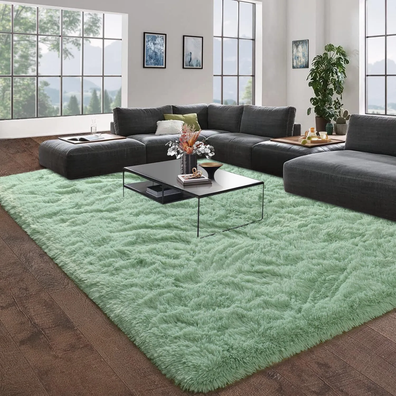 DweIke Super Soft Shaggy Rugs Fluffy Carpets, 4x6 ft Sage Green Area Rug for Living Room Bedroom Girls Kids Room Nursery Home Decor, Non-Slip Washable Plush Indoor Floor Bedside Carpet