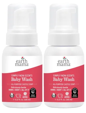Earth Mama Simply Non-Scents Baby Wash Foaming Hand Soap, Organic Fragrance Free, Unscented Body Wash, Castile Soap with Coconut Oil, Shea Butter, Calendula, & Aloe, 6.27 fl oz (2-PK)