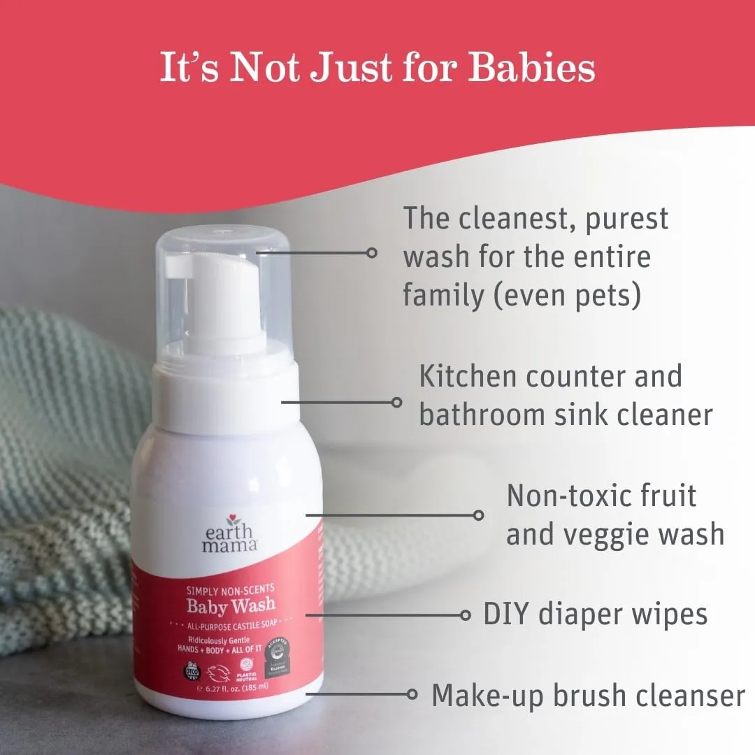 Earth Mama Simply Non-Scents Baby Wash Foaming Hand Soap, Organic Fragrance Free, Unscented Body Wash, Castile Soap with Coconut Oil, Shea Butter, Calendula, & Aloe, 6.27 fl oz (2-PK)