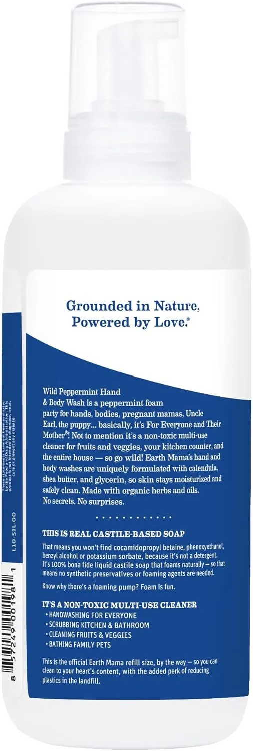 Earth Mama Wild Peppermint Hand & Body Wash | Foaming Hand Soap Refill, Castile Soap Liquid Made with Organic Wild Mint & Peppermint Oil, 5.3 fl oz & Liter Refill