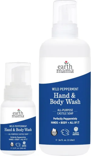 Earth Mama Wild Peppermint Hand & Body Wash | Foaming Hand Soap Refill, Castile Soap Liquid Made with Organic Wild Mint & Peppermint Oil, 5.3 fl oz & Liter Refill