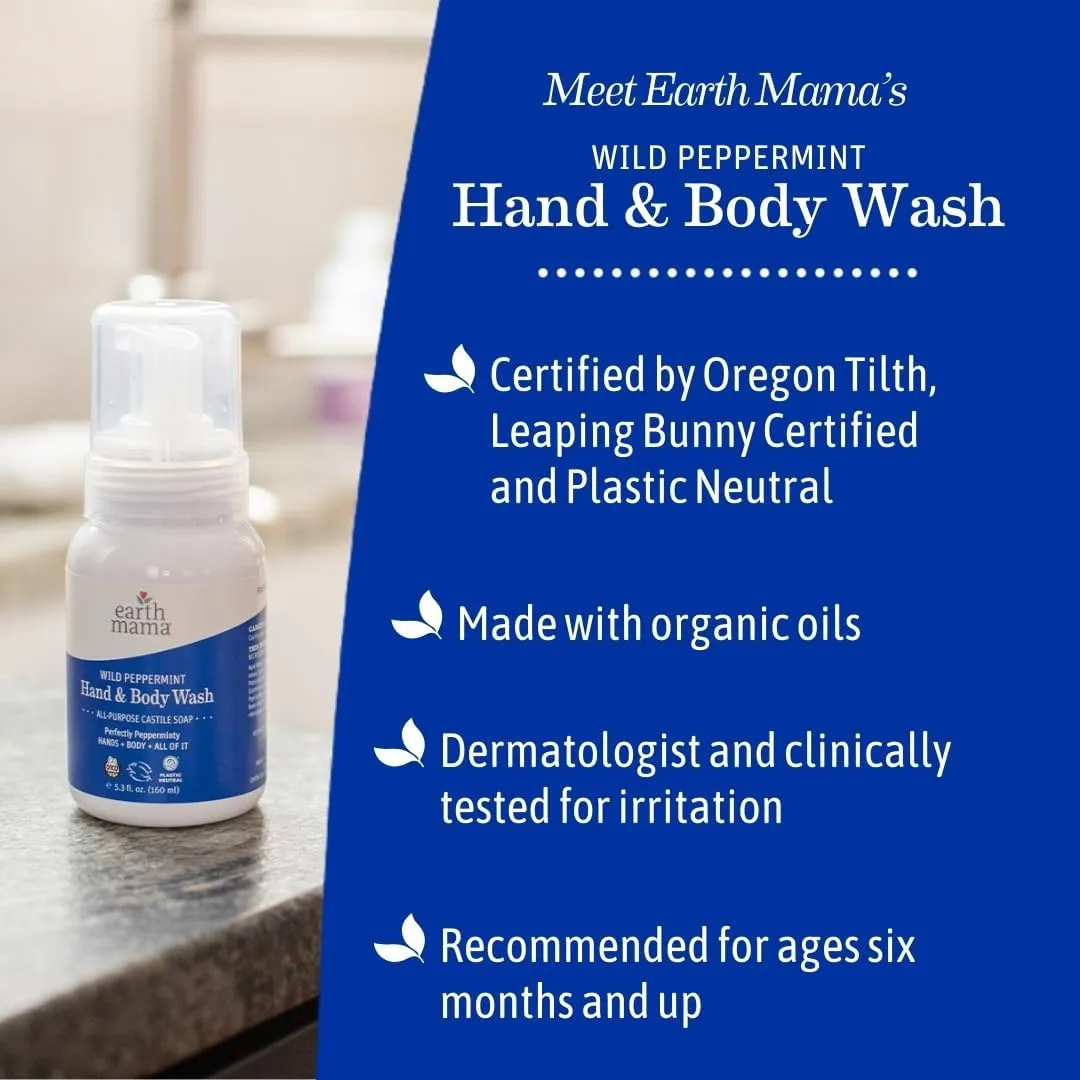 Earth Mama Wild Peppermint Hand & Body Wash | Foaming Hand Soap Refill, Castile Soap Liquid Made with Organic Wild Mint & Peppermint Oil, 5.3 fl oz & Liter Refill
