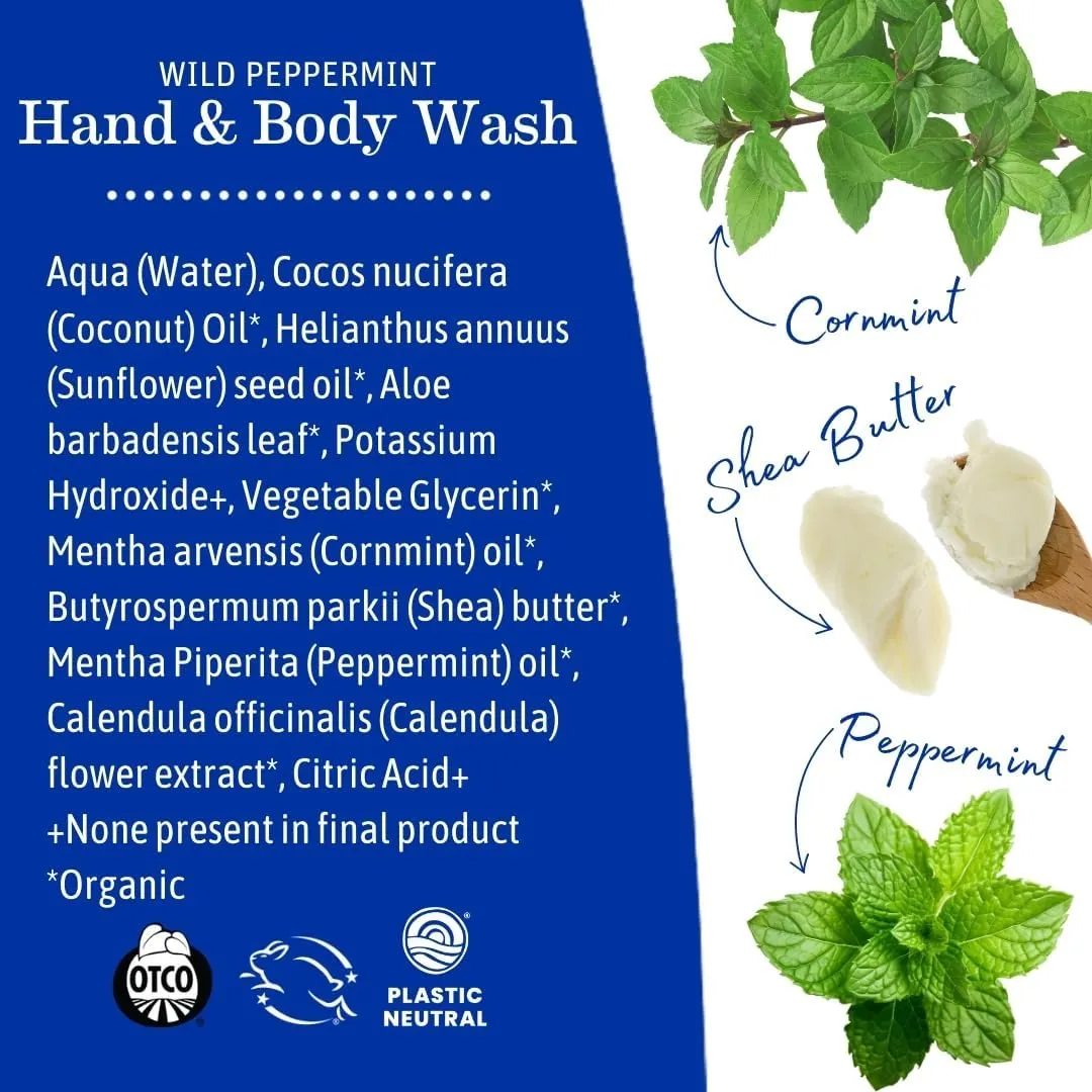 Earth Mama Wild Peppermint Hand & Body Wash | Foaming Hand Soap Refill, Castile Soap Liquid Made with Organic Wild Mint & Peppermint Oil, 5.3 fl oz & Liter Refill