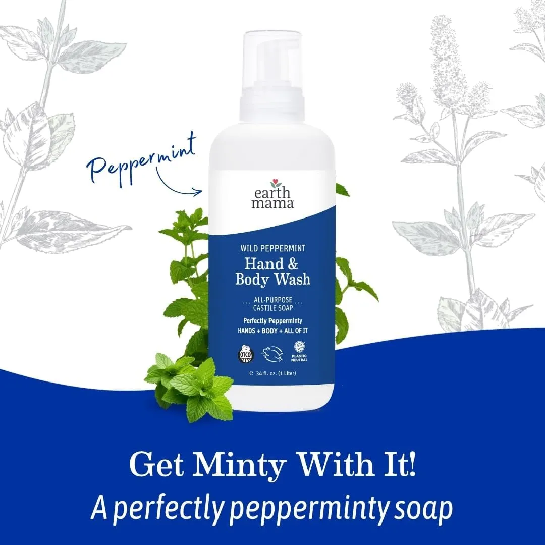 Earth Mama Wild Peppermint Hand & Body Wash | Foaming Hand Soap Refill, Castile Soap Liquid Made with Organic Wild Mint & Peppermint Oil, 5.3 fl oz & Liter Refill