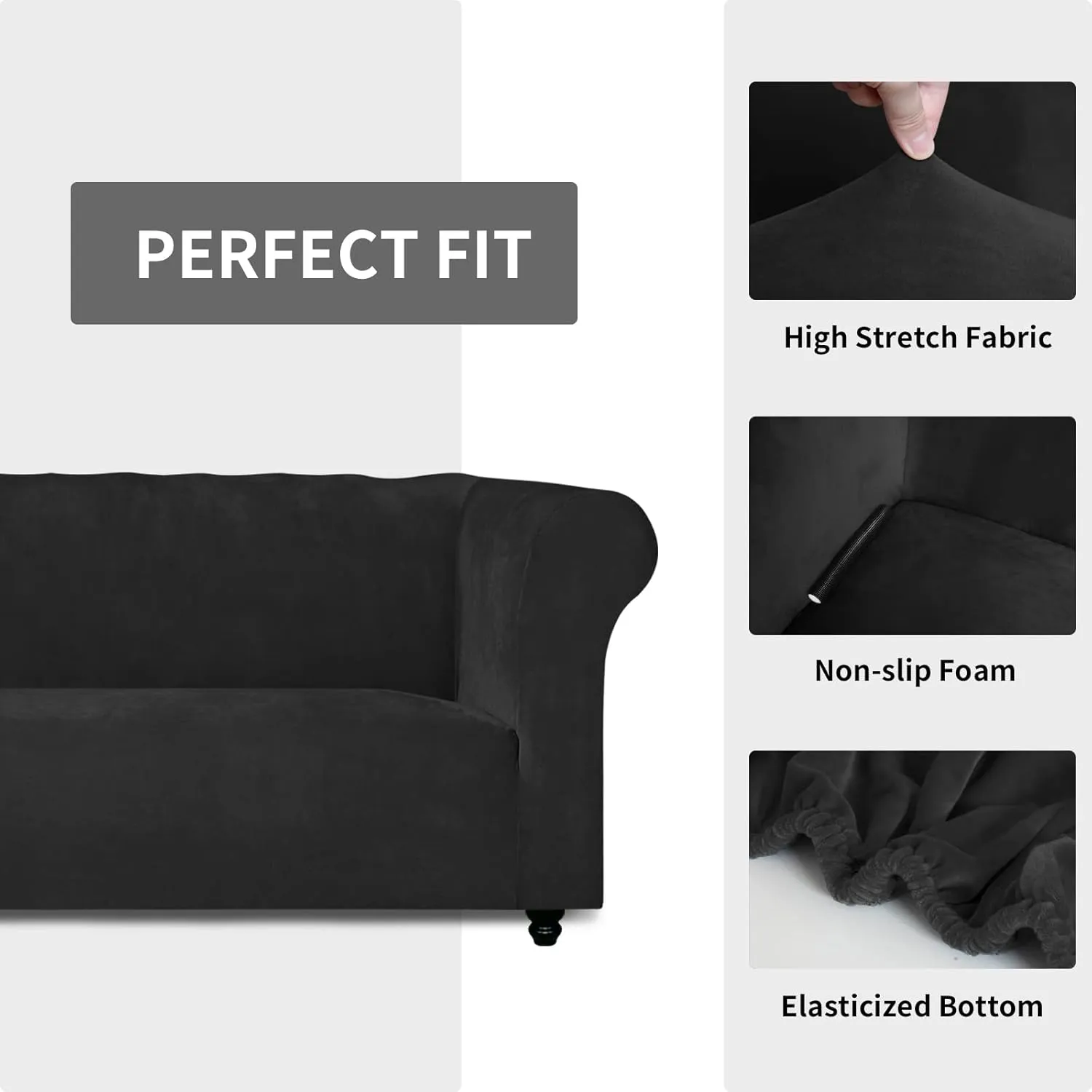 Easy-Going Stretch Velvet Chesterfield Style Couch Slipcover for Living Room, Soft Non-Slip Sofa Cover Furniture Protector for Dogs (Sofa, Black)