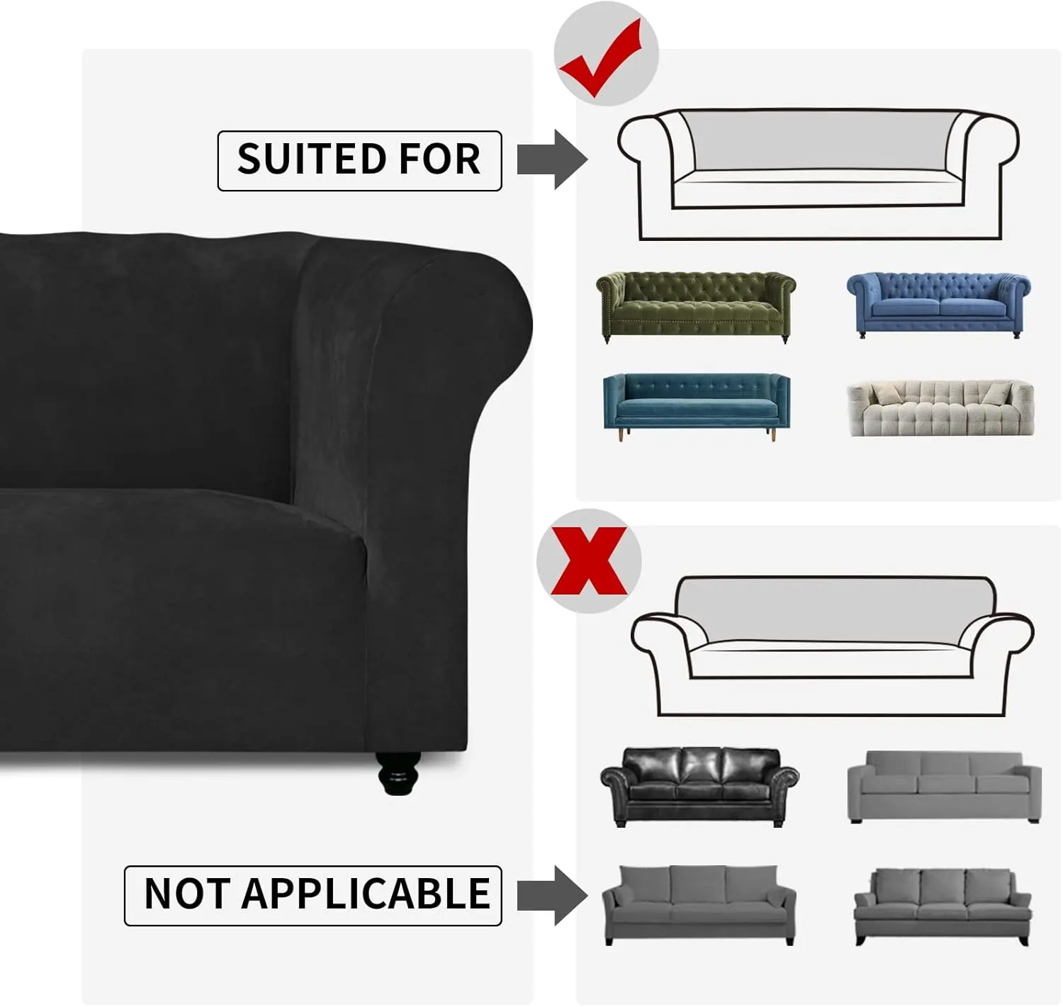 Easy-Going Stretch Velvet Chesterfield Style Couch Slipcover for Living Room, Soft Non-Slip Sofa Cover Furniture Protector for Dogs (Sofa, Black)