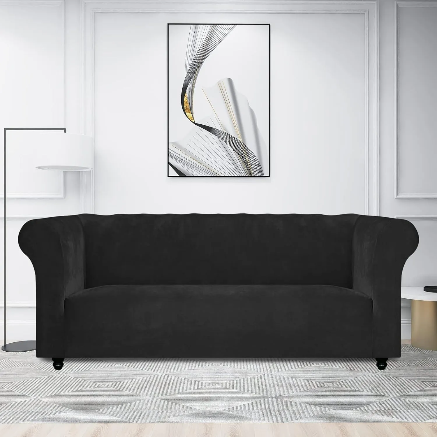 Easy-Going Stretch Velvet Chesterfield Style Couch Slipcover for Living Room, Soft Non-Slip Sofa Cover Furniture Protector for Dogs (Sofa, Black)
