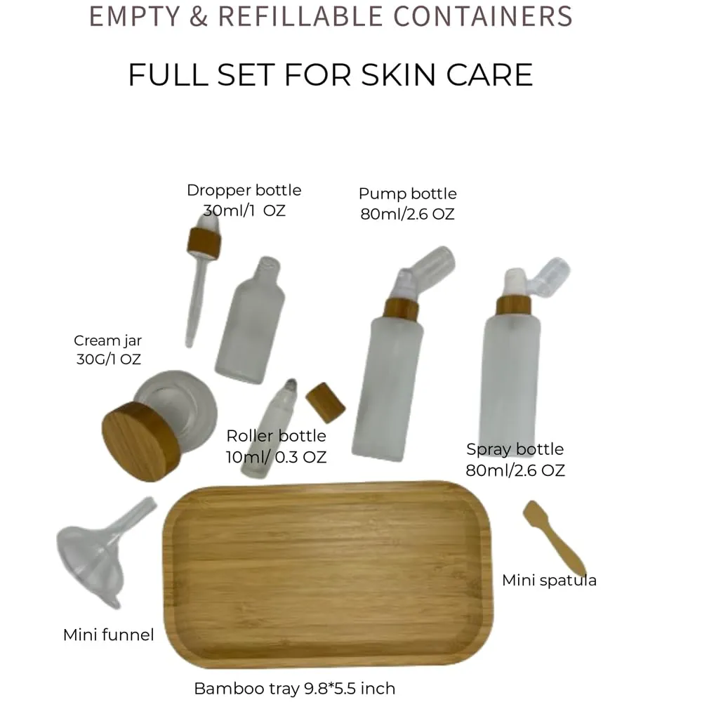 Empty Refillable Frosted Glass Cosmetic Containers with Bamboo Cover - 5 Pack, Spray Bottle, Lotion Pump, Dropper, Roller and Cream Jar for Cosmetic Storage with Tray
