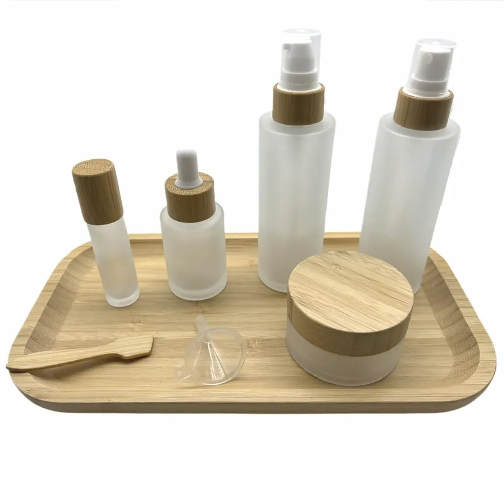 Empty Refillable Frosted Glass Cosmetic Containers with Bamboo Cover - 5 Pack, Spray Bottle, Lotion Pump, Dropper, Roller and Cream Jar for Cosmetic Storage with Tray