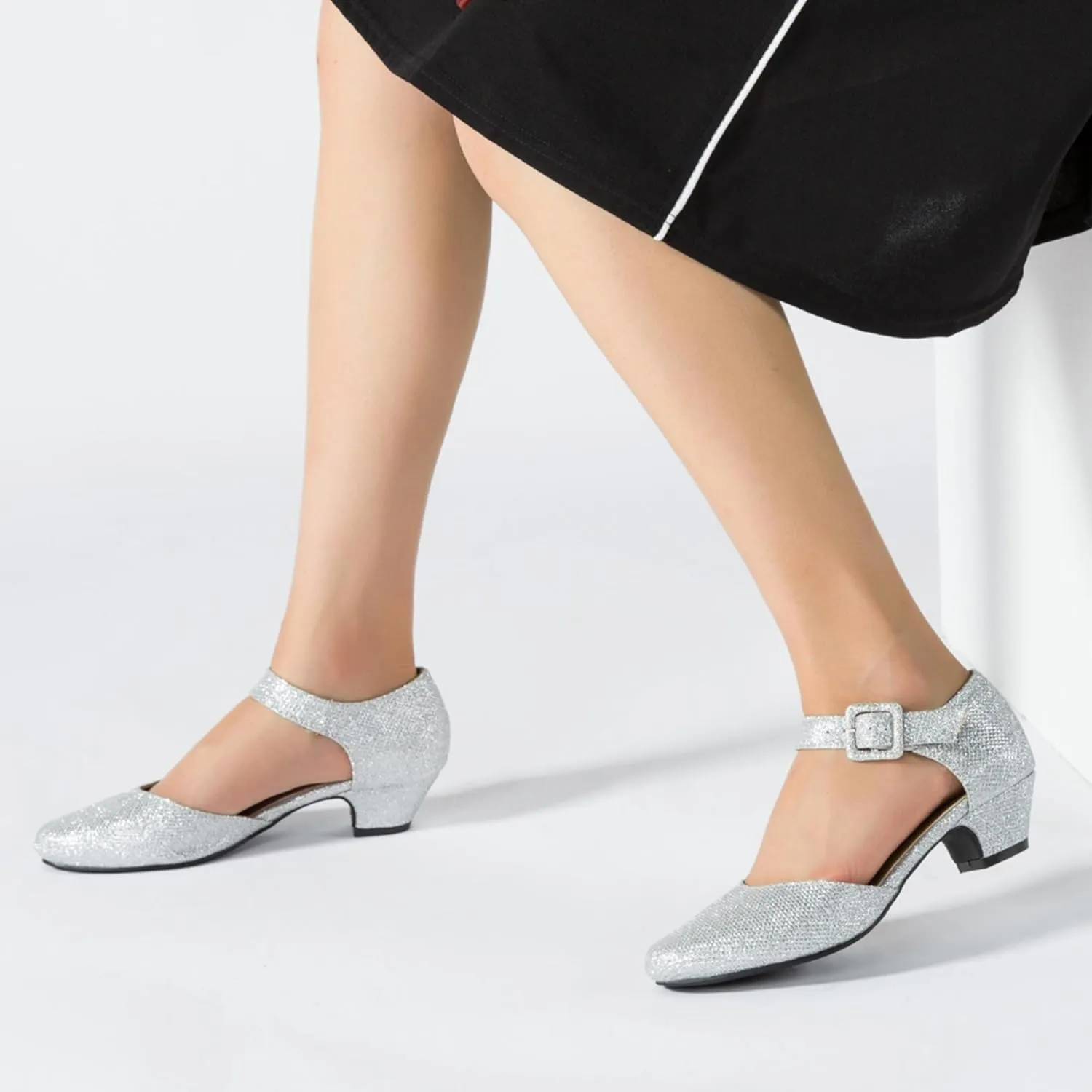Enelauge Women's Ankle Strap Closed Toe Low Chunky Heel Dress Work Pumps