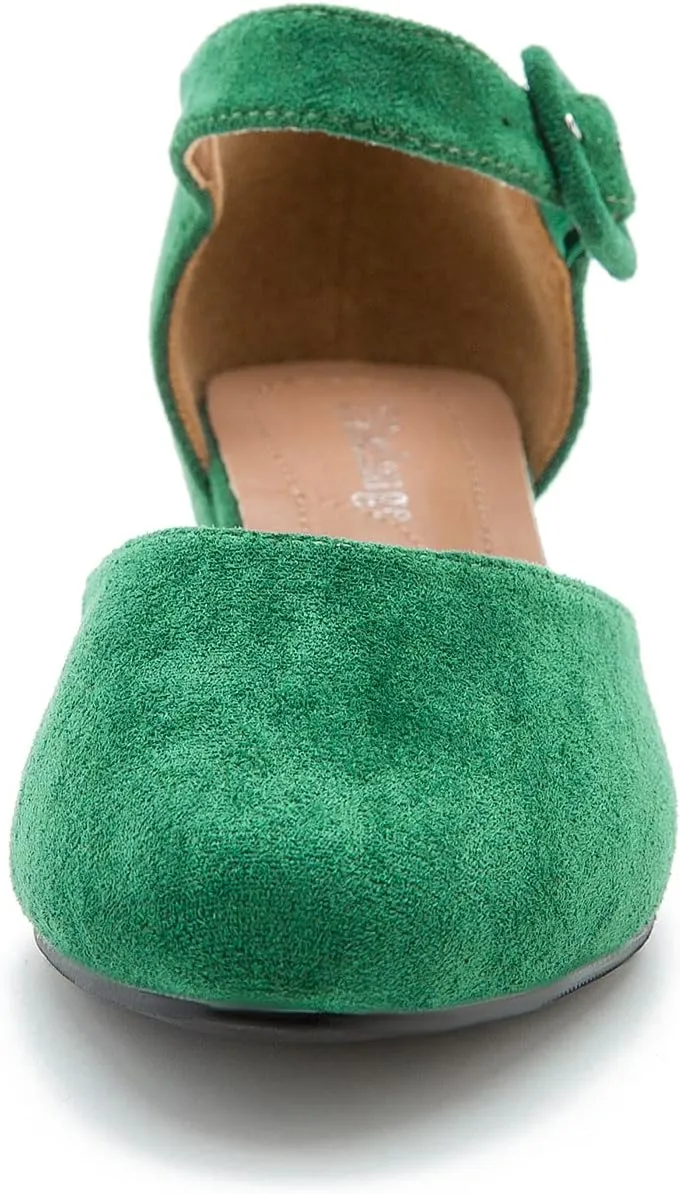 Enelauge Women's Ankle Strap Closed Toe Low Chunky Heel Dress Work Pumps