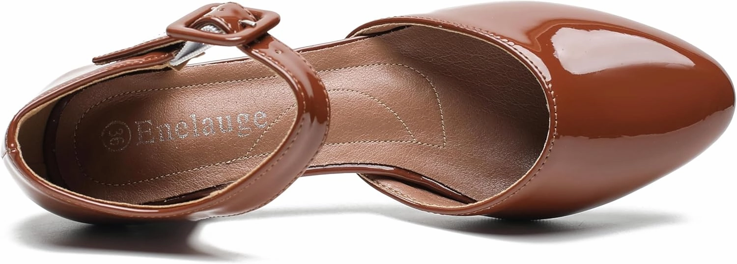 Enelauge Women's Ankle Strap Closed Toe Low Chunky Heel Dress Work Pumps