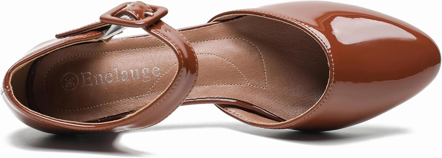 Enelauge Women's Ankle Strap Closed Toe Low Chunky Heel Dress Work Pumps
