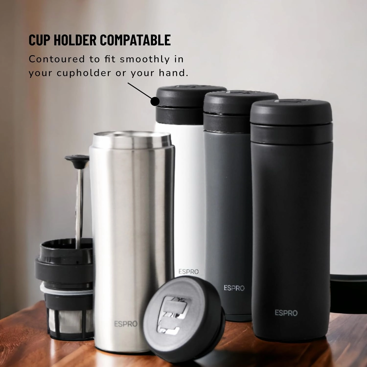 ESPRO P1 12 Ounces French Press Coffee Maker for Travel, Double-Walled Stainless Steel Vacuum Insulated, Matte Meteorite Black