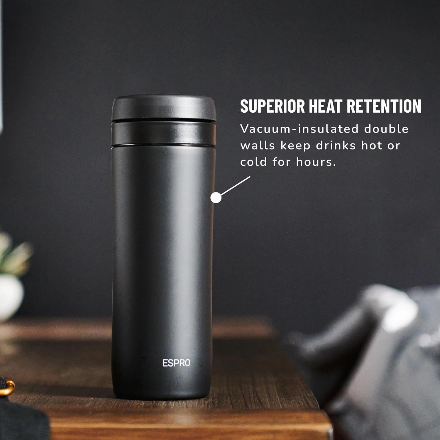 ESPRO P1 12 Ounces French Press Coffee Maker for Travel, Double-Walled Stainless Steel Vacuum Insulated, Matte Meteorite Black