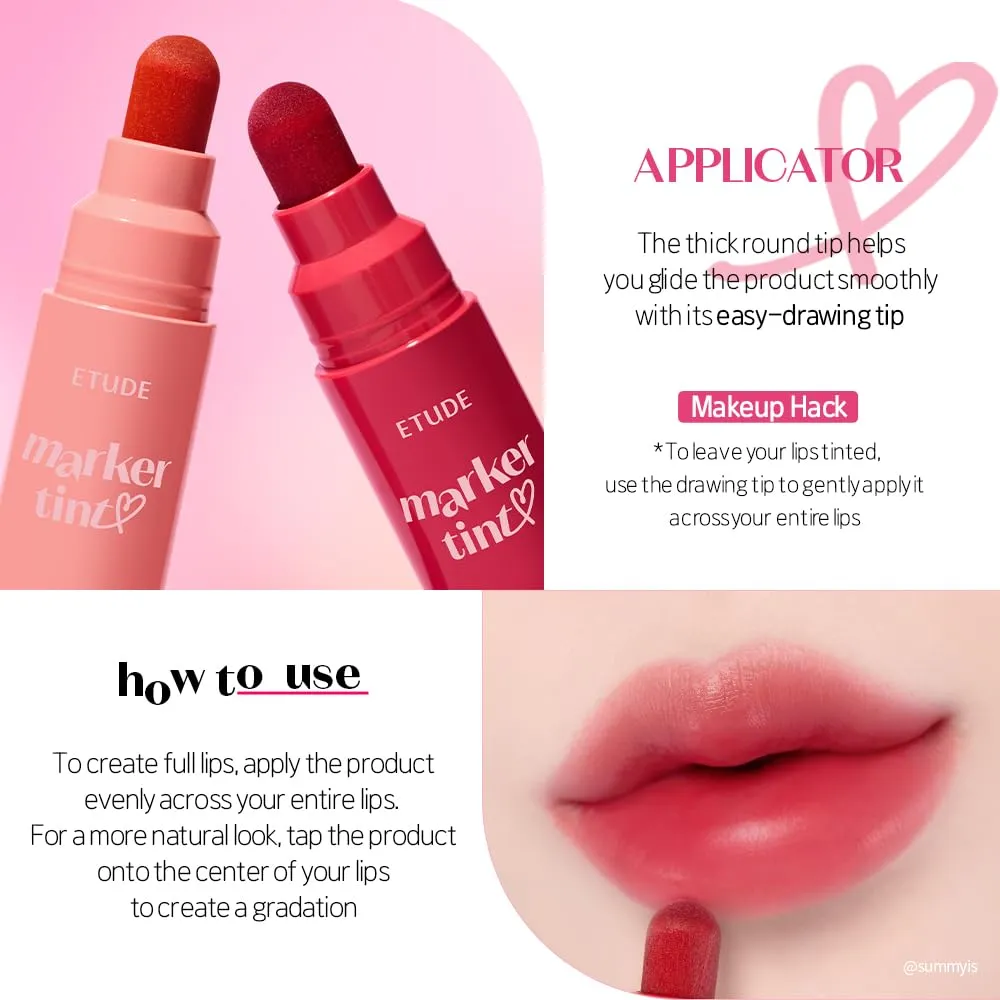 ETUDE Dear Darling Marker Tint #1 Raspberry Pop (5g) | Hydrating & Long Lasting Lip Stain | High Pigmented Lip Maker with Easy Drawing Tip | Korean Daily Lip Tint, Korean Makeup, Kbeauty