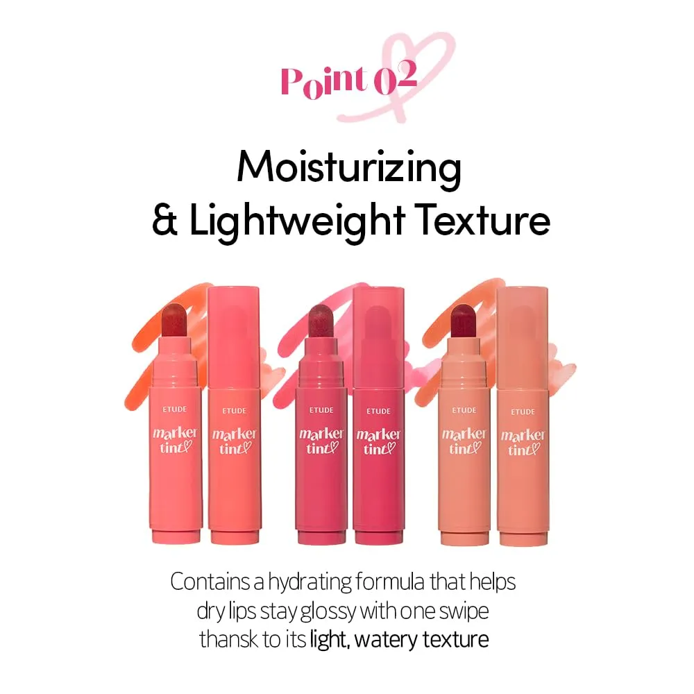 ETUDE Dear Darling Marker Tint #1 Raspberry Pop (5g) | Hydrating & Long Lasting Lip Stain | High Pigmented Lip Maker with Easy Drawing Tip | Korean Daily Lip Tint, Korean Makeup, Kbeauty