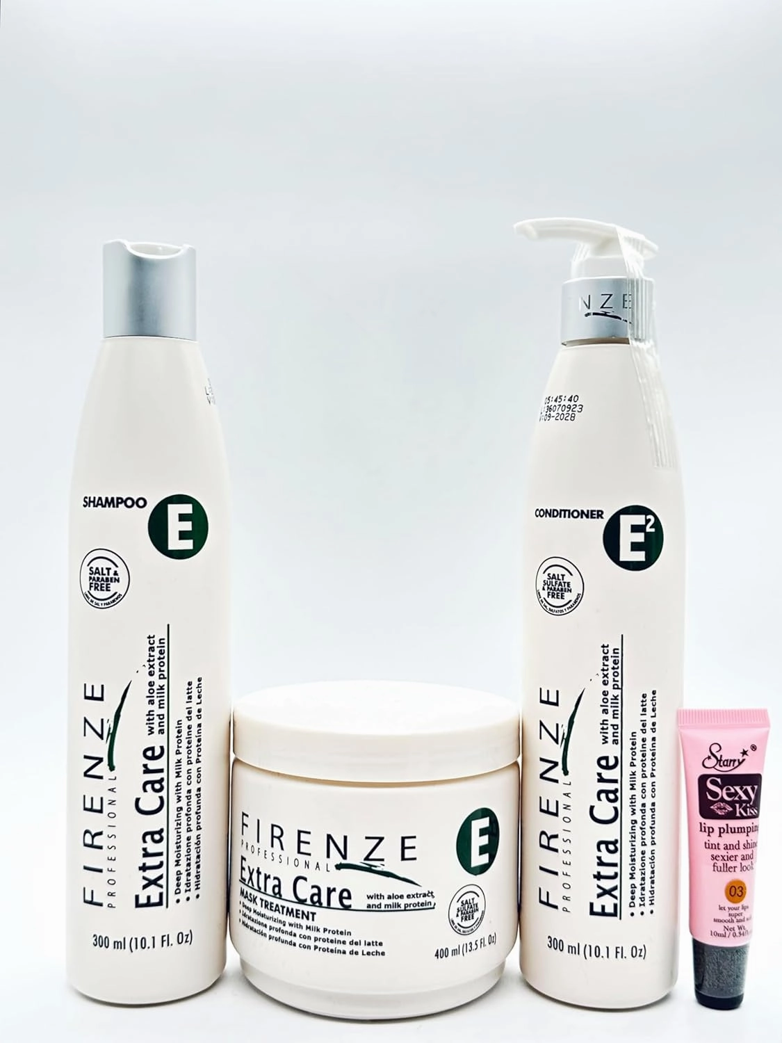Extra Care Shampoo & Conditioner 300ml/10.1 fl oz and Mask Treatment with Aloe extract & Milk protein 4000ml/13.5 fl oz- Free Starry Lip Gloss, Clear