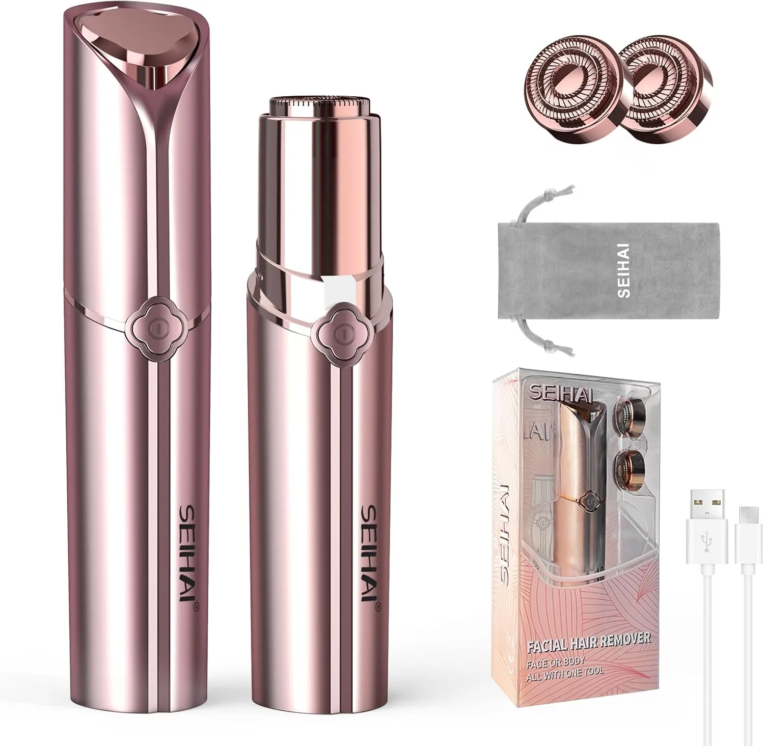 Facial Hair Removal for Women, Electric Painless Rechargeable Facial Hair Remover for Face, Lip, Chin with 2 Replacement Heads