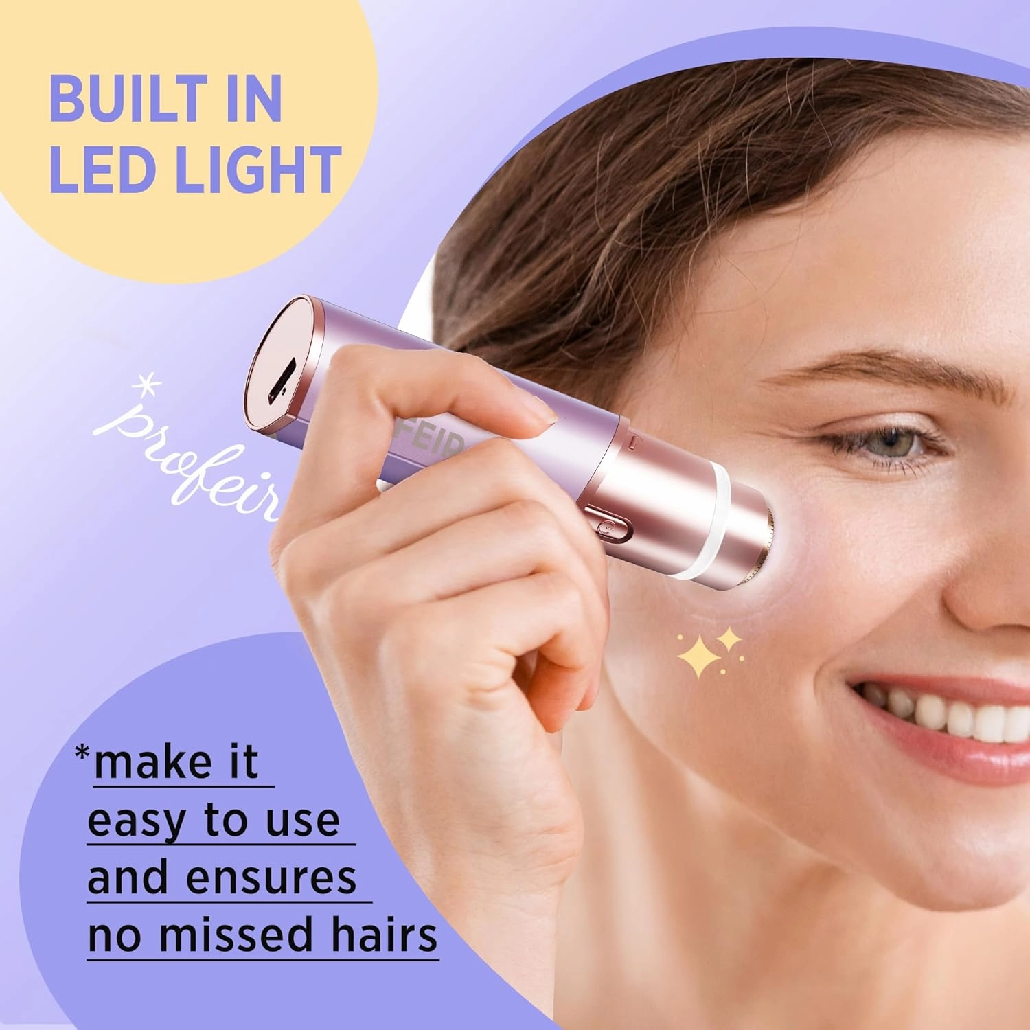 Facial Hair Removal for Women: Electric Razor for Smooth Skin Painless Trimmer Rechargeable Shaver for Upper Lip Peach Fuzz Chin Pocs Hair at Home Travel with 2 Replacement Heads(Purple)