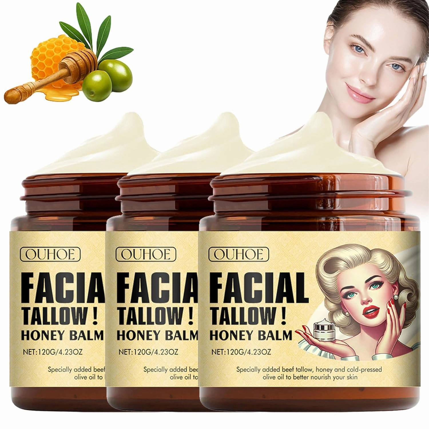 Facial Tallow Honey Balm, Natural Tallow and Honey Balm, Facial Beef Tallow Moisturizer, Nourishing Crema De Cebo De Res Para La Cara, Repair Soothing Sensitive Skin (3)