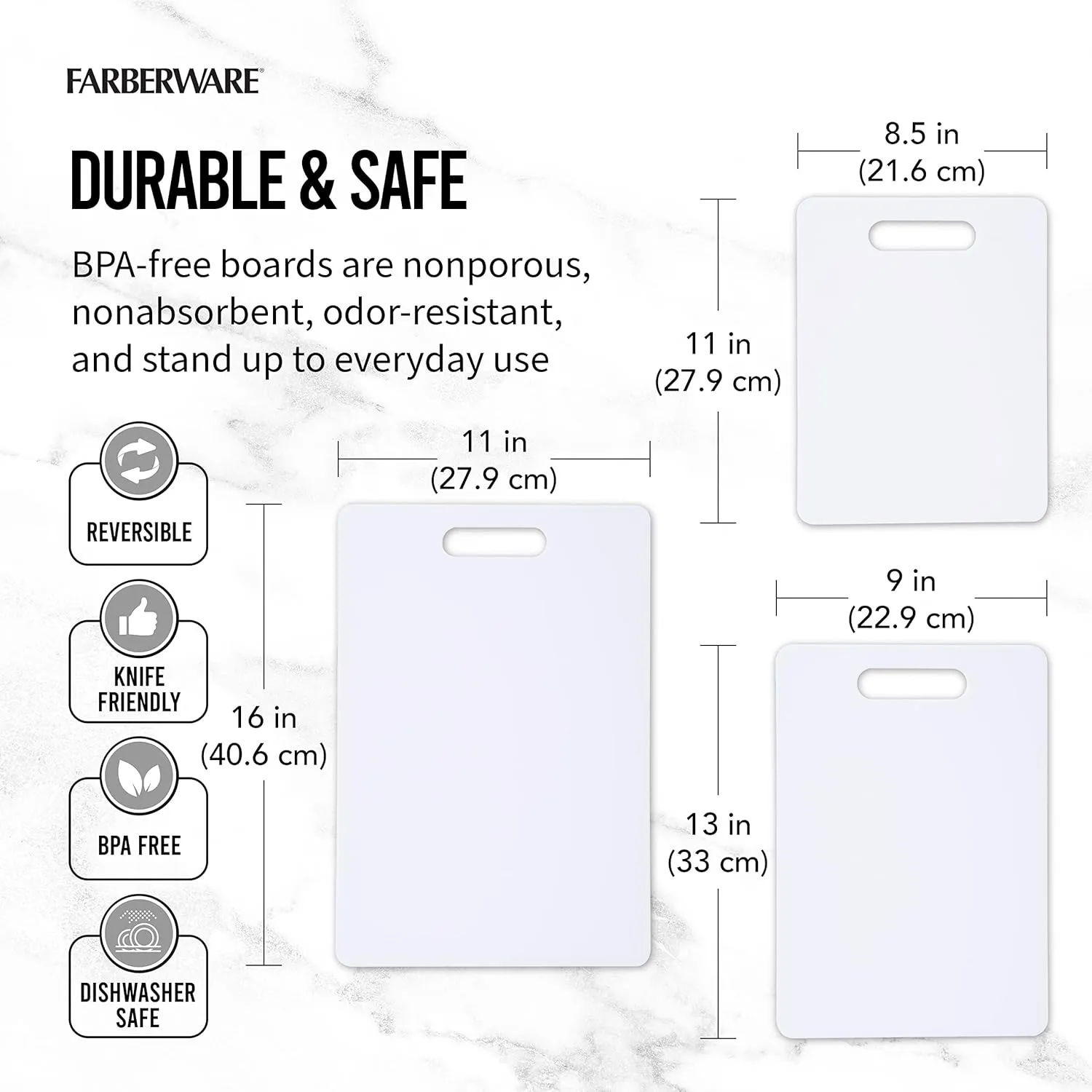 Farberware Plastic Cutting Board Set, Dishwasher- Safe Poly Chopping Board for Kitchen with Easy Grip Handles, Set of 3, White