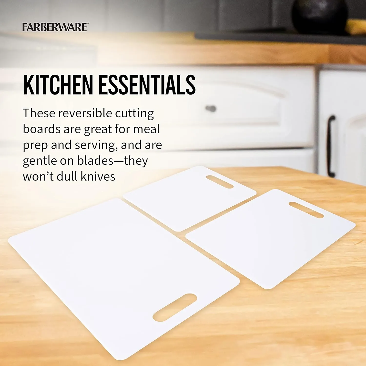 Farberware Plastic Cutting Board Set, Dishwasher- Safe Poly Chopping Board for Kitchen with Easy Grip Handles, Set of 3, White