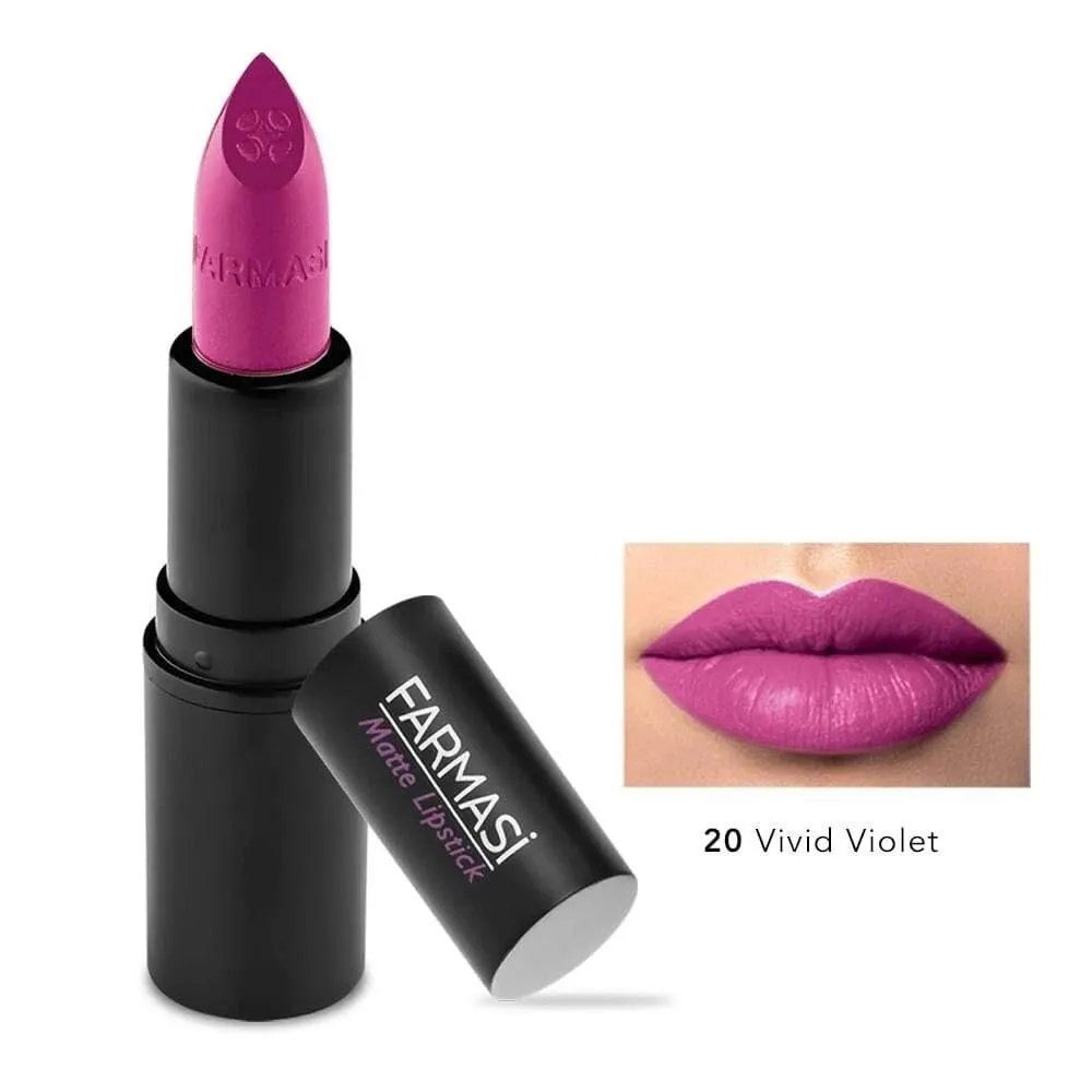 FARMASi Matte Lipstick VIVID VIOLET 20 – High Pigment Rich Color Long-Lasting Lipstick for All-Day Wear Smooth Velvety Matte Finish Lightweight Comfortable Texture 4g/0.14oz Lip Makeup for Women
