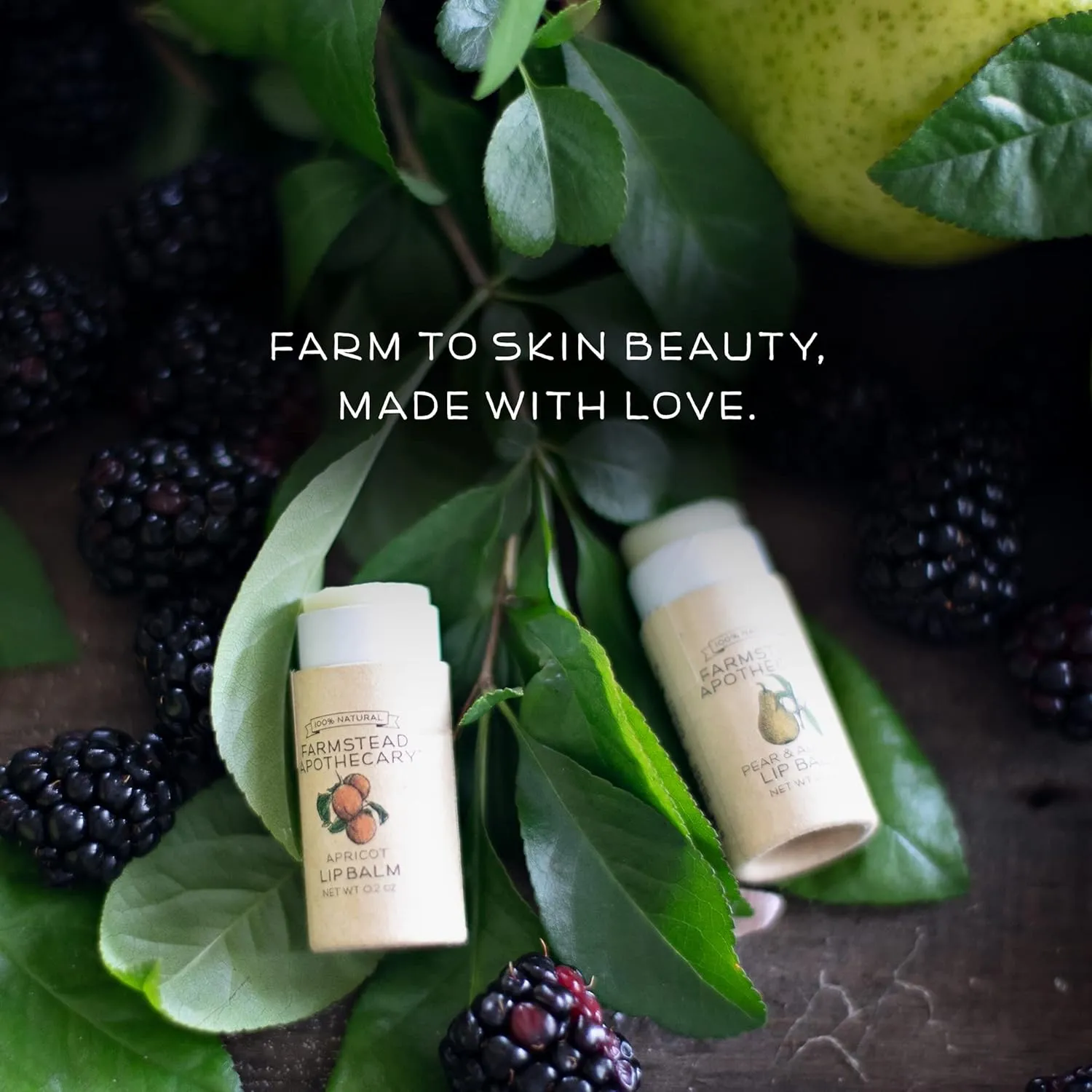 Farmstead Apothecary Lip Balm Gift Set with Pouch - Reusable Pouch Includes 4 -.2 oz Lip Balms - Boysenberry Vanilla, Fig & Honey, Pear & Almond , Apricot ,1 each. 100 % Natural, 99% Organic