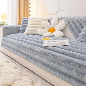 Faux Fur Velvet Sofa Cover,Warm Soft Shaggy Plush Sofa Slipcover,Faux Rabbit Fur Non-Slip Sectional Couch Cover Slipcover Furniture Protector for Living Room-Blue,90x210cm