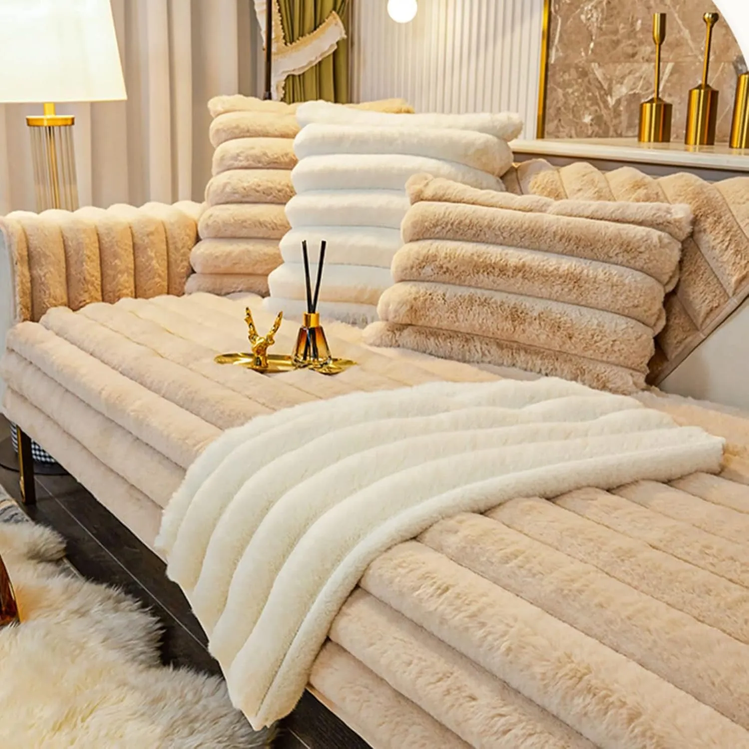 Faux Fur Velvet Sofa Cover,Warm Soft Shaggy Plush Sofa Slipcover,Faux Rabbit Fur Non-Slip Sectional Couch Cover Slipcover Furniture Protector for Living Room-Blue,90x210cm