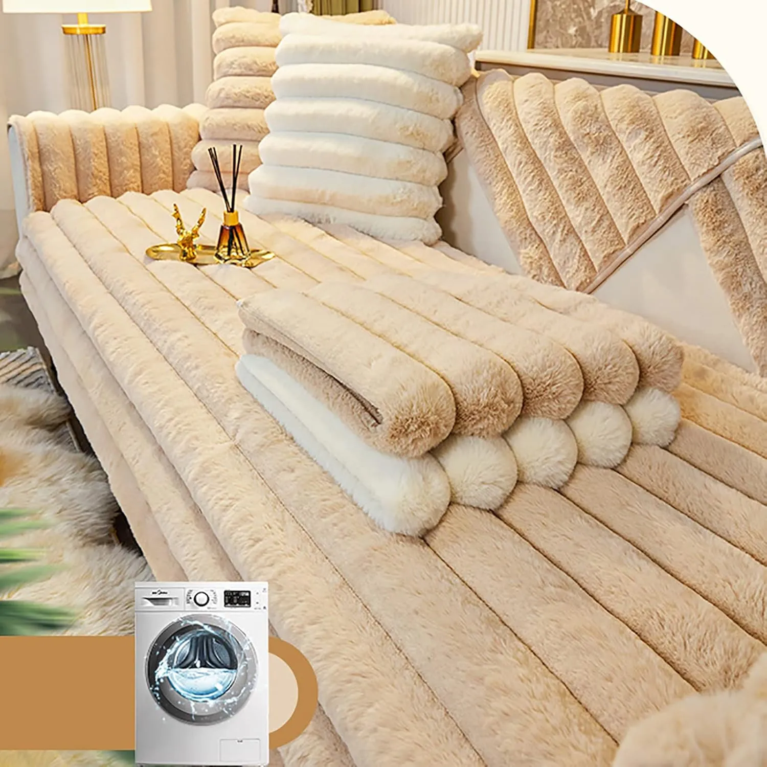 Faux Fur Velvet Sofa Cover,Warm Soft Shaggy Plush Sofa Slipcover,Faux Rabbit Fur Non-Slip Sectional Couch Cover Slipcover Furniture Protector for Living Room-Blue,90x210cm