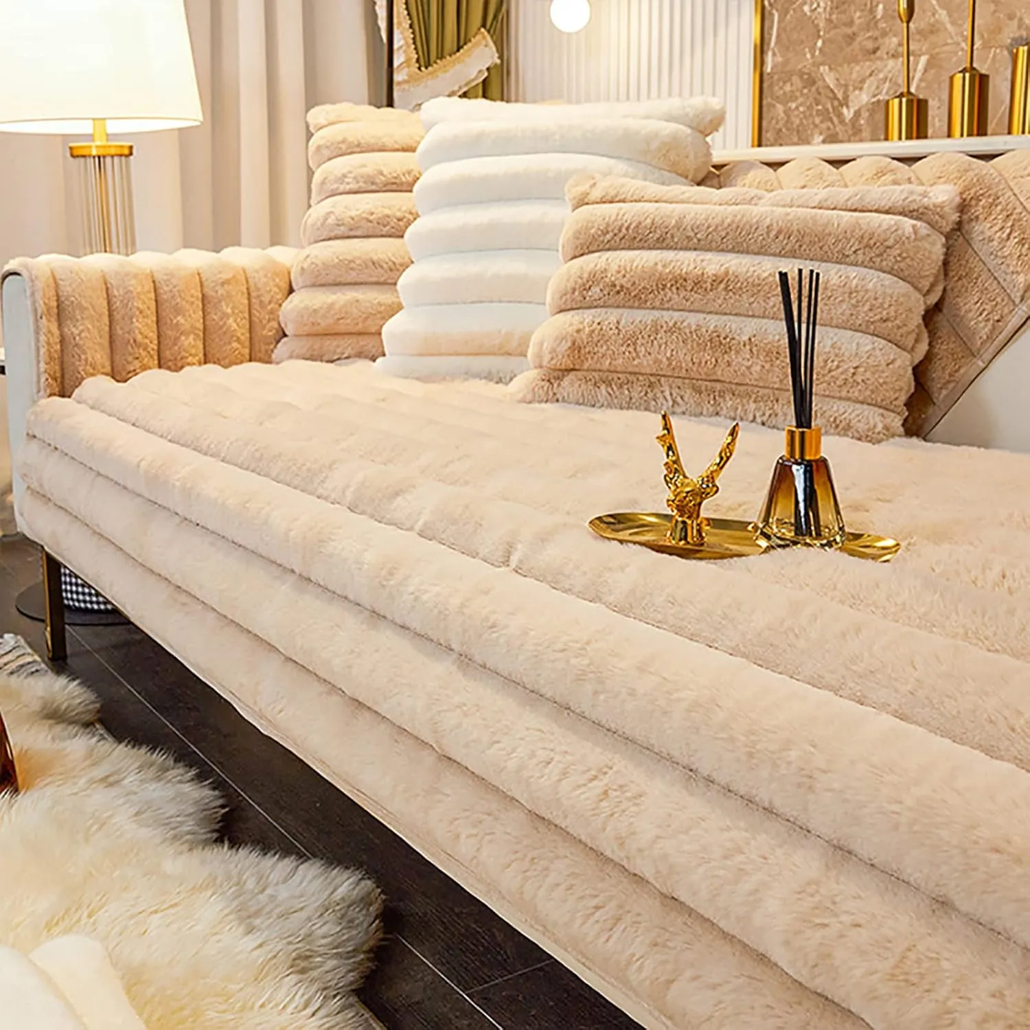 Faux Fur Velvet Sofa Cover,Warm Soft Shaggy Plush Sofa Slipcover,Faux Rabbit Fur Non-Slip Sectional Couch Cover Slipcover Furniture Protector for Living Room-Blue,90x210cm