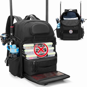 Fishing Tackle Backpack with Cooler, Fishing Rod Bag Holds 2 Rods & Reels, Fishing Bag with Compartment for Tackle Boxes, Clothes or Other Gear, Fishing Pole Backpack, Black