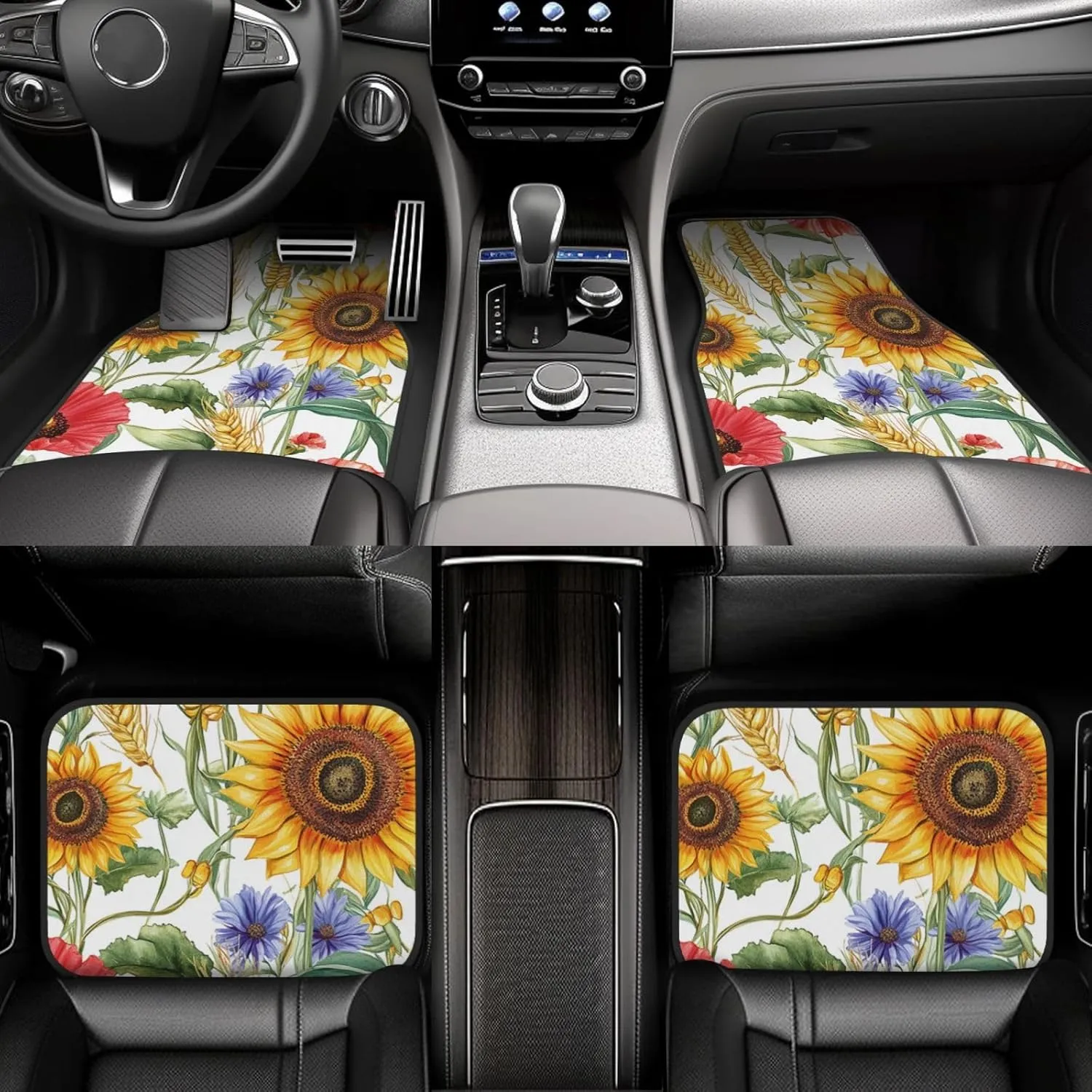 Floor Mats for Cars Full Set Flower Sunflower Popies Automotive Car Mats Velvet Floor Mat Carpet Universal Fit for SUV Sedan Car Van