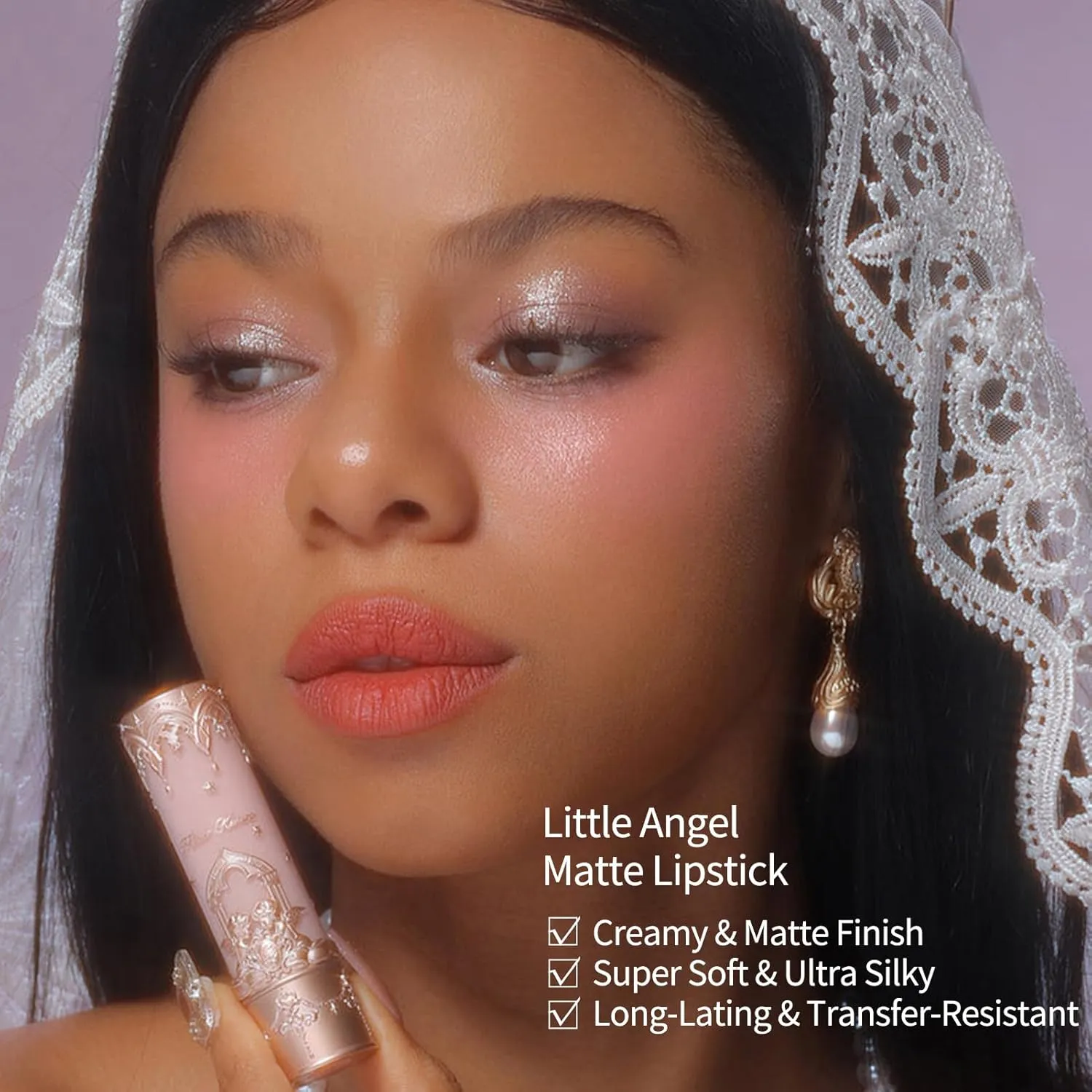 Flower Knows Little Angel Matte Lipstick,Super Soft & Ultra Silky Lip Mud Stick,Long Lasting & Moisturizing Vegan Lip Makeup for Girls&Women,Velvety Pink Finish(C06 Lyric Poetry)