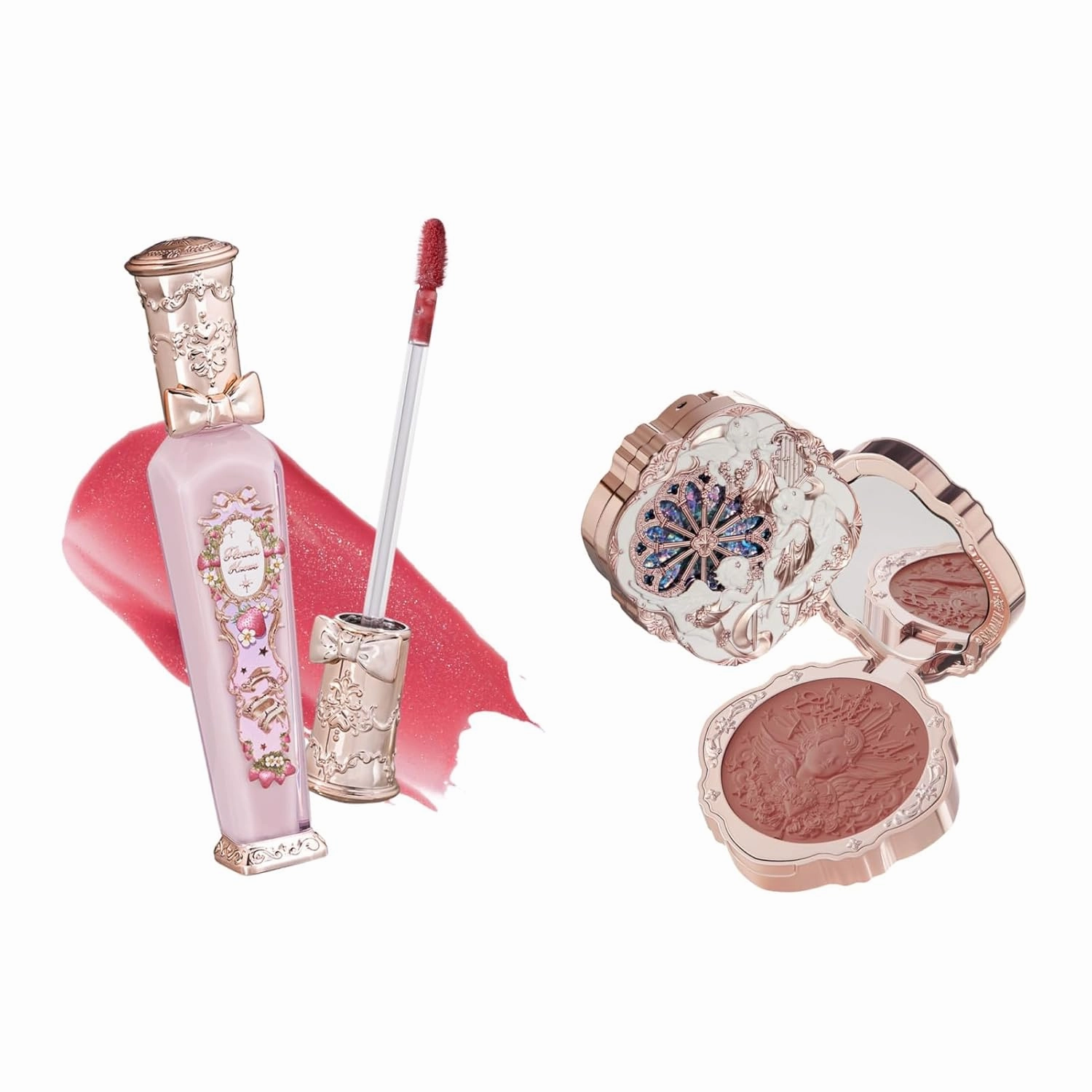 Flower Knows Violet Strawberry Rococo Glitter Lip Gloss G02 Little Angel Embossed Blush 01