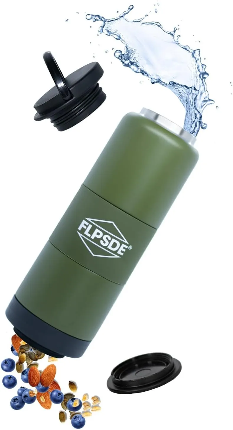 FLPSDE Dual Chamber Water Bottle with Integrated Storage Compartment for Snacks and More - Stainless Steel, Vacuum Insulated - 2 in 1 Container for Travel, School, Hiking, Sports, Work, Office, Gift