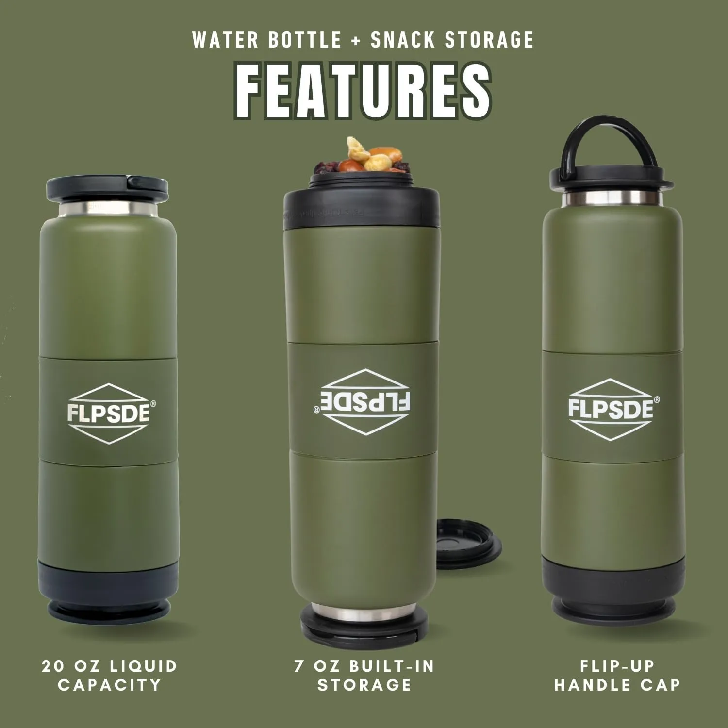 FLPSDE Dual Chamber Water Bottle with Integrated Storage Compartment for Snacks and More - Stainless Steel, Vacuum Insulated - 2 in 1 Container for Travel, School, Hiking, Sports, Work, Office, Gift