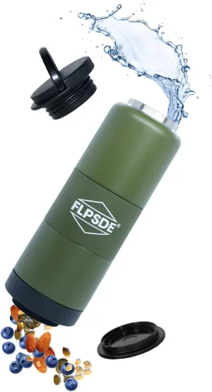 FLPSDE Dual Chamber Water Bottle with Integrated Storage Compartment for Snacks and More - Stainless Steel, Vacuum Insulated - 2 in 1 Container for Travel, School, Hiking, Sports, Work, Office, Gift