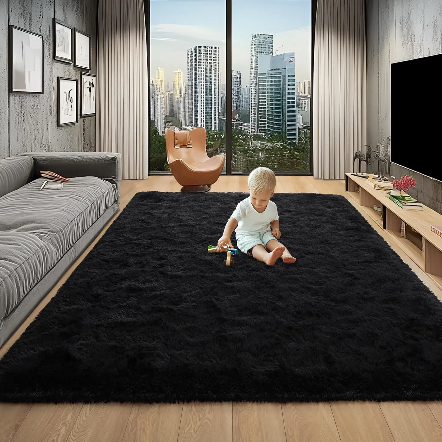 Foxmas Soft Fluffy Area Rugs for Bedroom Kids Room Plush Shaggy Nursery Rug Furry Throw Carpets for Boys Girls, College Dorm Fuzzy Rugs Living Room Home Decorate Rug, 2ft x 3ft, Black