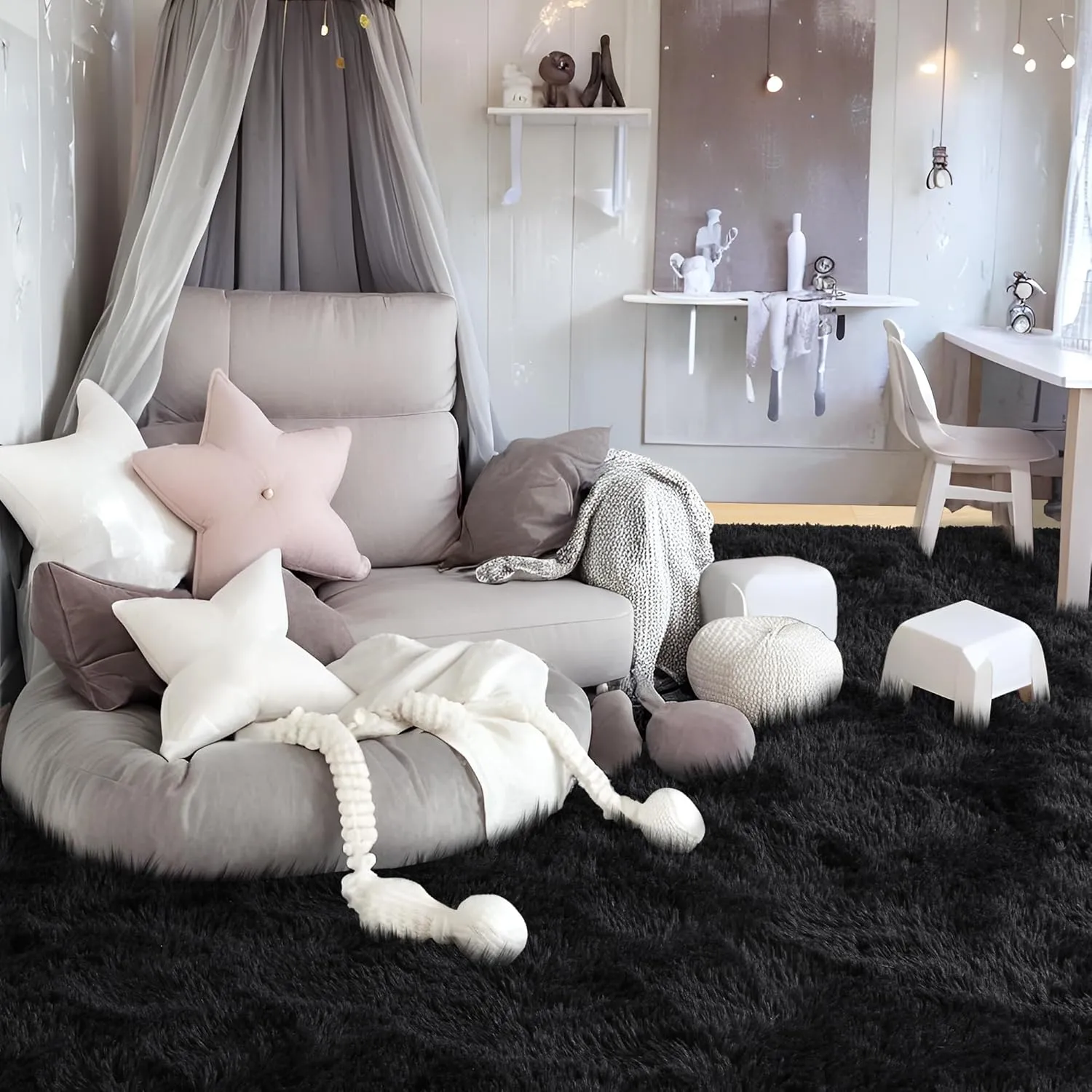 Foxmas Soft Fluffy Area Rugs for Bedroom Kids Room Plush Shaggy Nursery Rug Furry Throw Carpets for Boys Girls, College Dorm Fuzzy Rugs Living Room Home Decorate Rug, 2ft x 3ft, Black