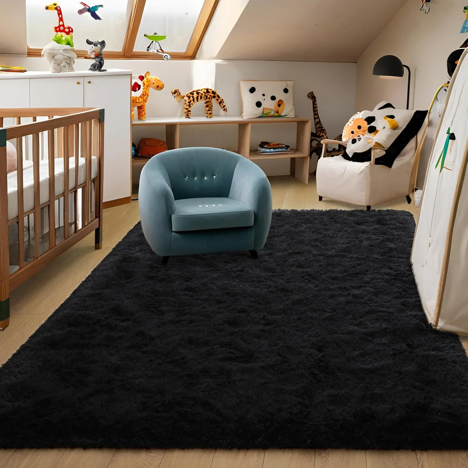 Foxmas Soft Fluffy Area Rugs for Bedroom Kids Room Plush Shaggy Nursery Rug Furry Throw Carpets for Boys Girls, College Dorm Fuzzy Rugs Living Room Home Decorate Rug, 2ft x 3ft, Black